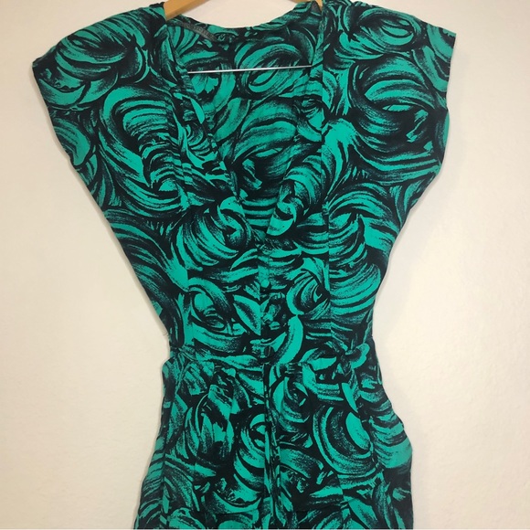 Vintage 80s Sterling Silver Rose Print V-Neck Formal Dress w/ Shoulder Pads - Picture 5 of 16